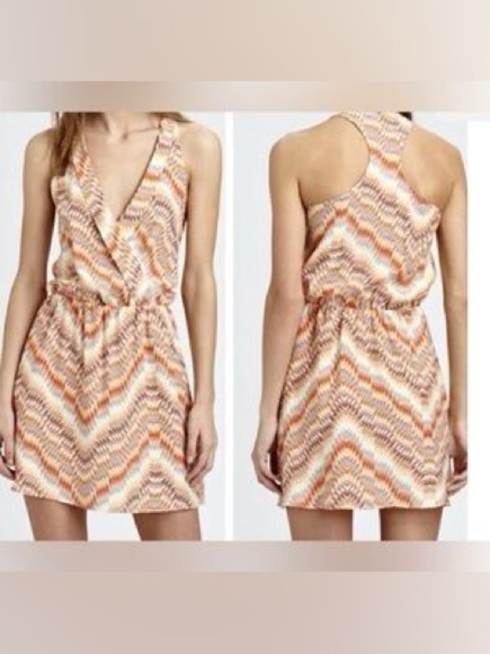 Parker Chevron V-Neck Mini Dress in Orange, Cream & Tan - Picture 4 of 7